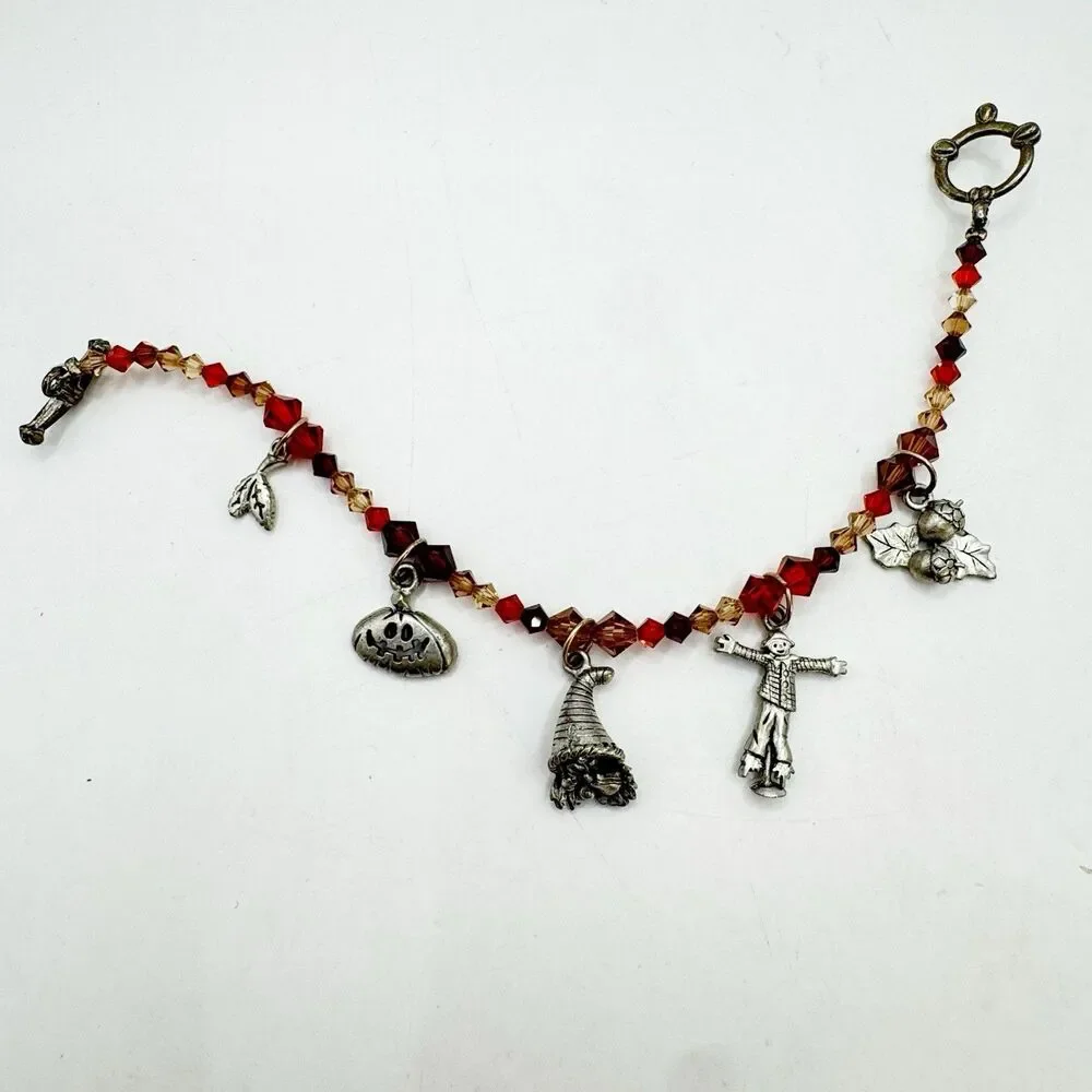 Fall Halloween Autumn Beaded Charm Bracelet Pumpkin Scarecrow Cornucopia